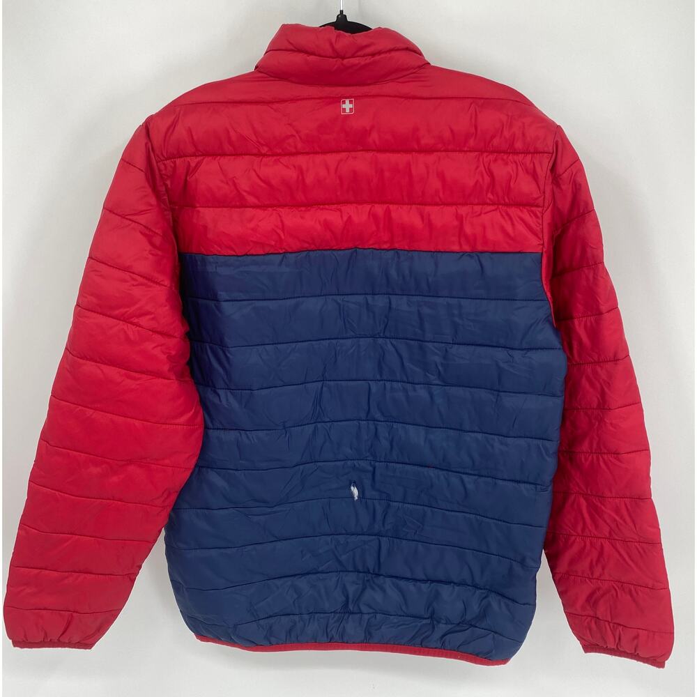 Swisstech Men 34-36 Blue Red Puffer Jacket Zip Packable Lightweight Coat FLAW - Picture 9 of 9